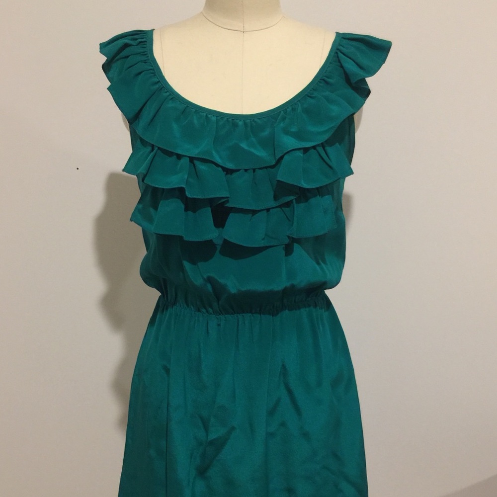 Ruffled, emerald green silk mini dress
